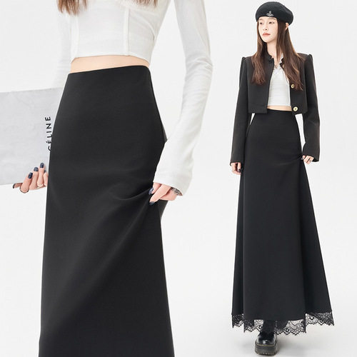 Superior lace stitching black suit skirt for women in autumn, high waist and slimming medium and long a-line skirt umbrella skirt