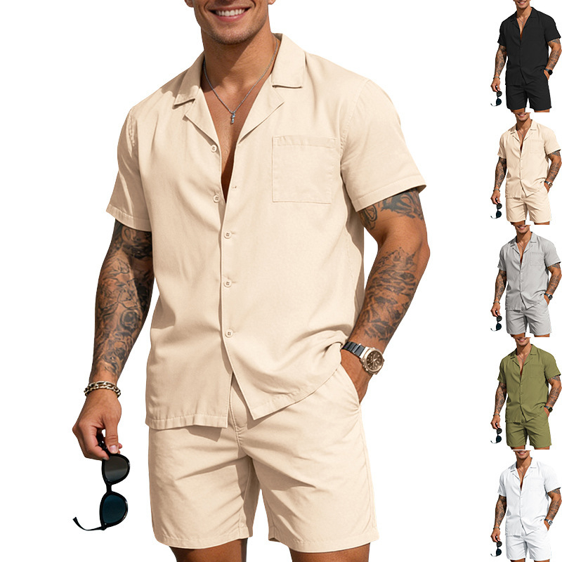 2026 Amazon Cross-Border Short-Sleeved Shorts Suit Men's Solid Color Lapel Shirt Casual Suit Men's Summer Two-Piece Set