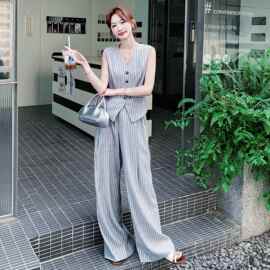 女装夏装条纹马甲长裤套装