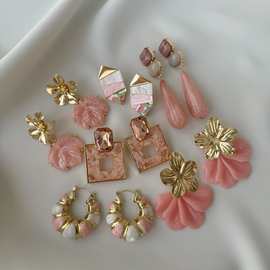 欧美跨境饰品 粉色甜美耳环花朵水滴时尚气质小清新高级感耳钉女