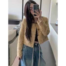 法式黄色流苏风短款外套女秋冬感宽松气质开衫加厚上衣潮