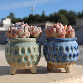 跨境简约复古多肉花盆创意多肉盆陶盆批發冰裂流釉浮雕印章小盆栽