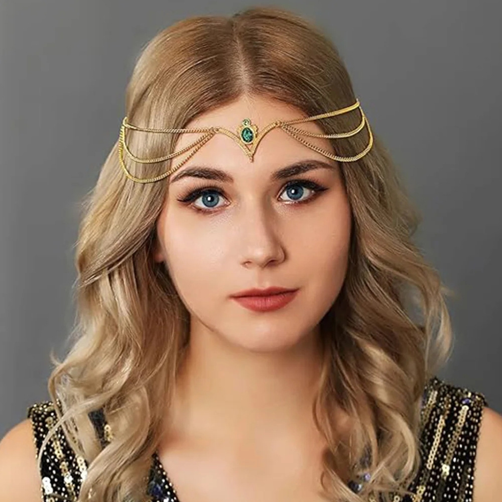 Cross-border Hot Bohemian Headwear Forehead Chain Otherfield Style Retro Emerald Multi-layer Hair Chain Hair Chain