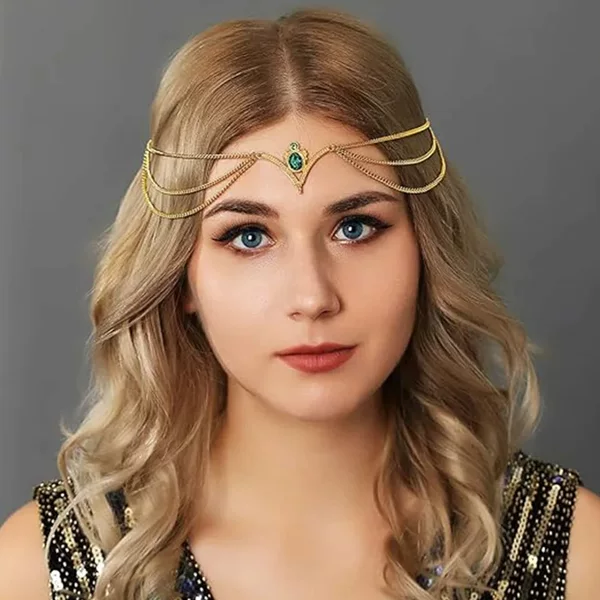 Cross-border Hot Bohemian Headwear Forehead Chain Otherfield Style Retro Emerald Multi-layer Hair Chain Hair Chain