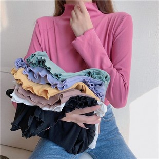 Little Cat Diary Base Shirt for Women, Autumn and Winter Half-High Collar, Skin-Friendly, Warm, German Velvet Long-Sleeve T-Shirt, Solid Color Ruffle Top