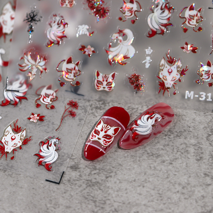 Tensor Chinese Style Red and White Laser Fox Demon Nail Stickers M316 Light Luxury Dark Style Fox Face Adhesive Nail Stickers