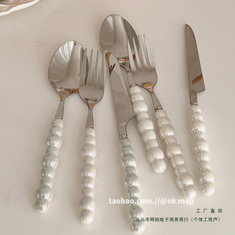 Набор столовых приборов из нержавеющей стали: нож, вилка и ложка, керамическая посуда для дома, стейк, паста, высококачественная жемчужная десертная вилка
