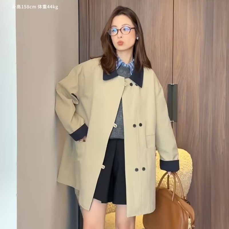 2025春季新款宽松显瘦小个子大衣卡其色韩版拼接中长款风衣外套女|undefined