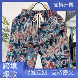 跨境外贸潮流慵懒气质新款时尚潮流满印彩虹字母泡泡纱休闲短裤男