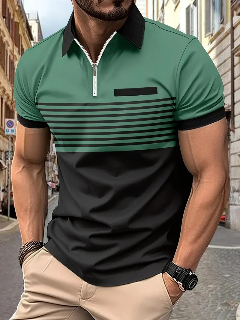 Striped Polo Shirt For Men With Turn-down Collar And Zipper_voghion.com