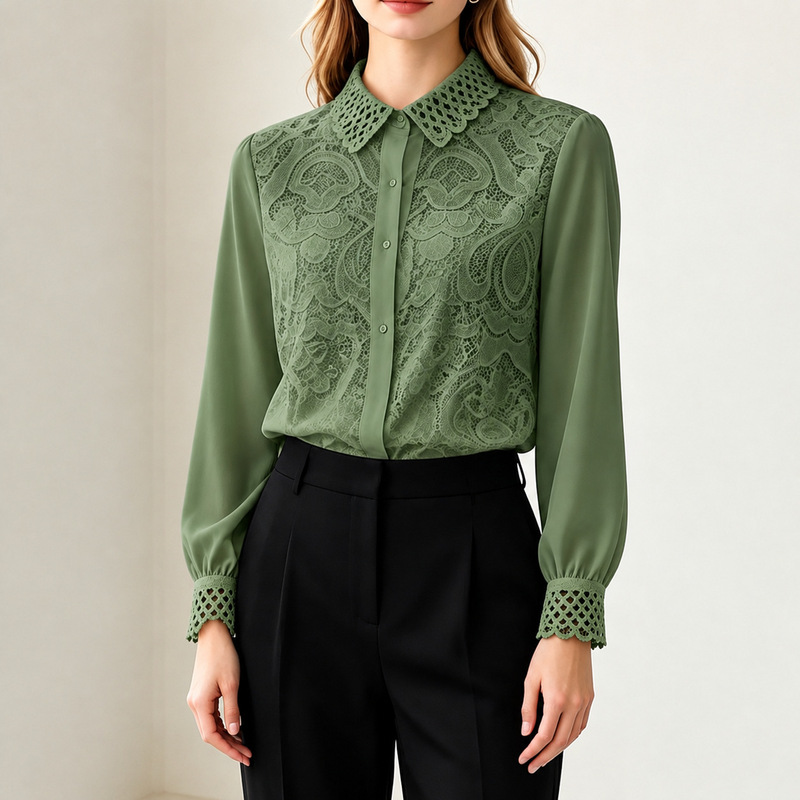 Cross-border women's clothing Amazon independent site French crochet hollow-out heavy-duty lapel lace shirt new women's top