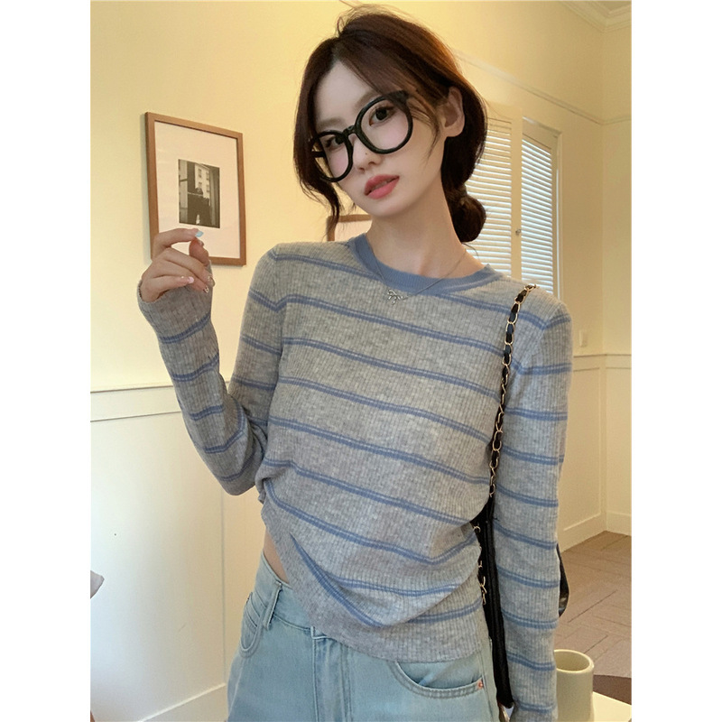 Korean-Style Color-Block Striped Ins Knit Sweater for Women, Spring 2026, Loose Casual Long-Sleeve Inner Top Base Layer