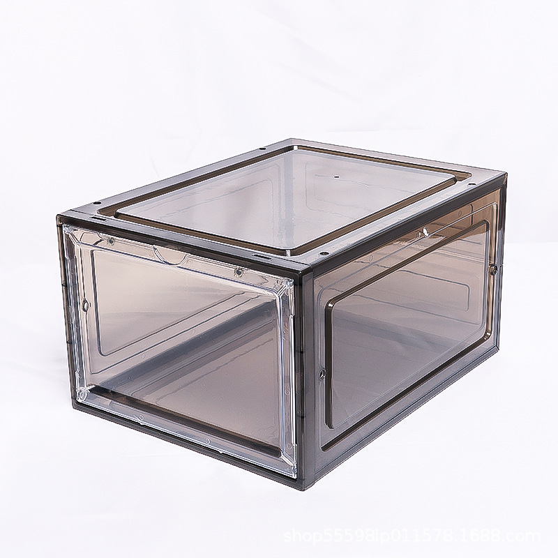 Caja de zapatos de plástico al por mayor caja de almacenamiento engrosada transparente hogar zapato estante de almacenamiento plegable lado abierto caja de acrílico magnética