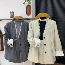2024冬季半身裙两件蕾丝加厚短裙高级羽绒拼接毛呢西装套装外套