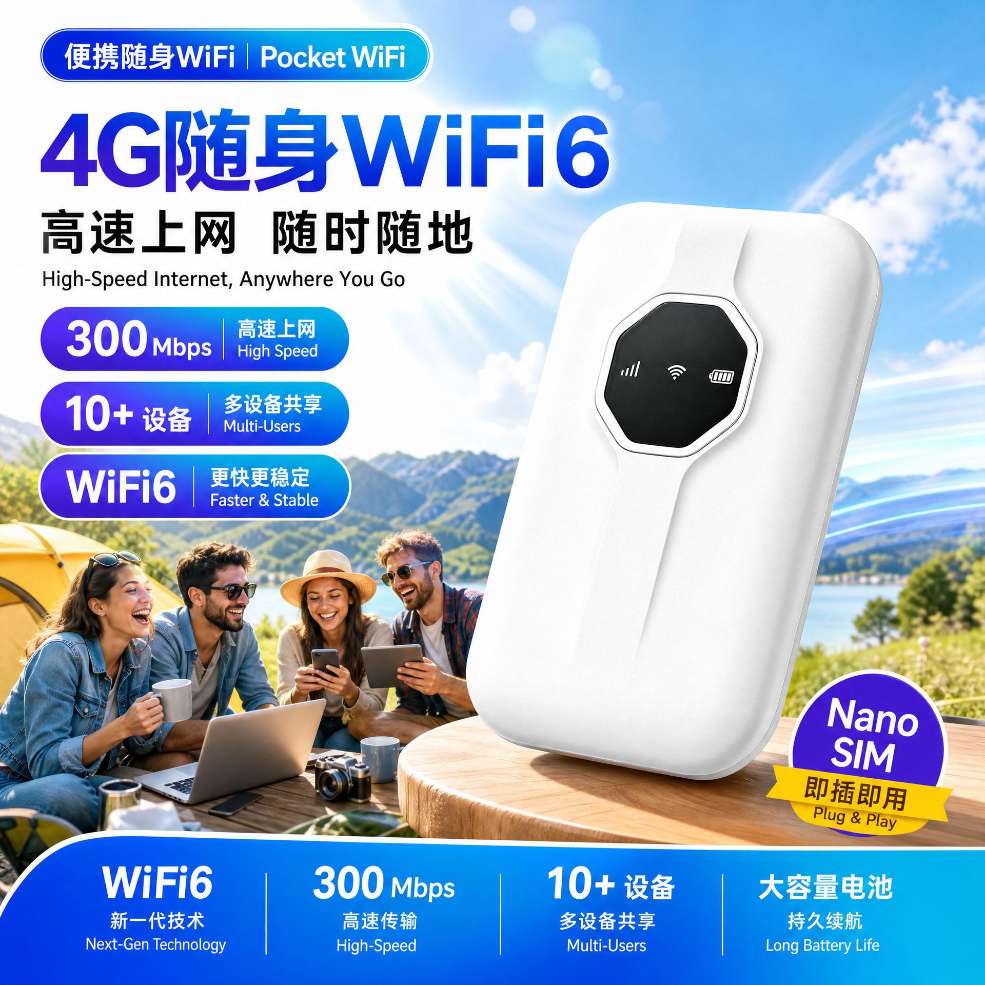 Export Cross-Border Plug-In Card Portable Wifi for Business Travel, Outdoor Pocket-Sized Portable Wifi6 Wireless Router, Car Wifi