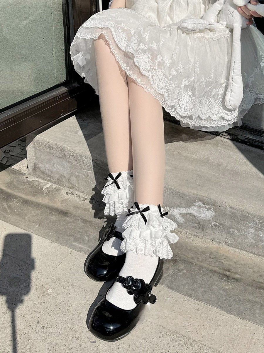 Enchanting Lolita Tiered Lace Ruffle Ribbed Cotton Crew Socks for Doll-Like Fashion Detail View 1