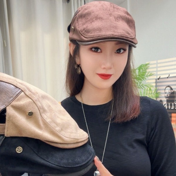 2025新款欧货爆款麂皮绒拼接皮质前进帽子女秋冬显脸小复古贝雷帽|undefined