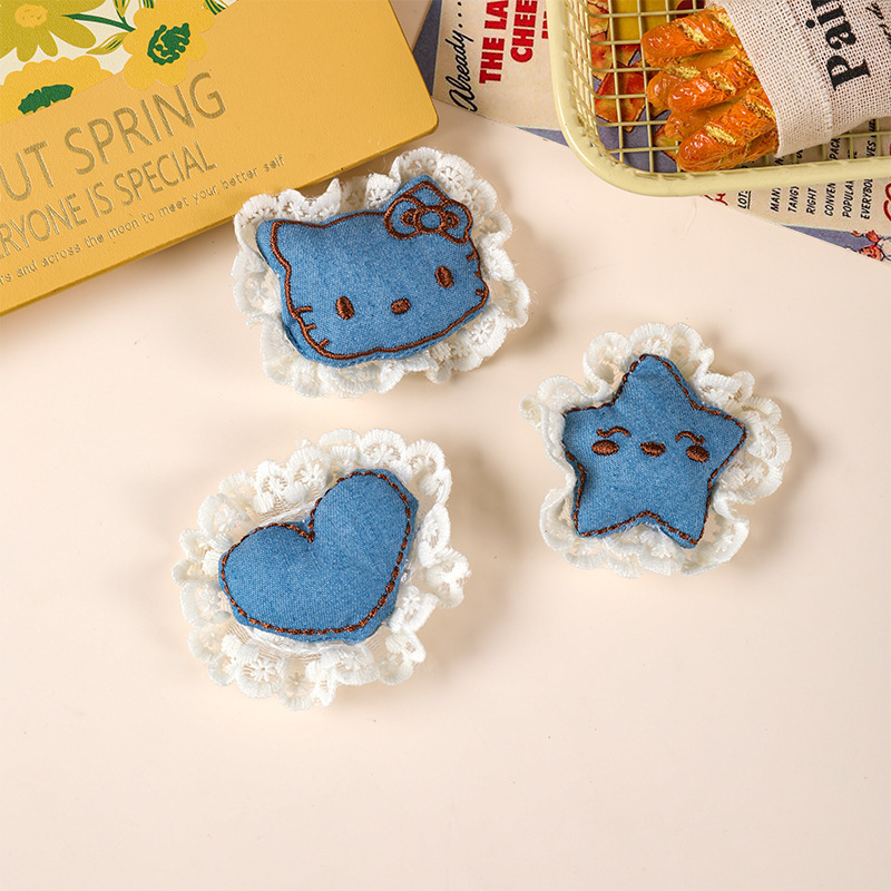 卡通蕾丝花边牛仔布小猫kt玩偶配件可爱少女发饰胸针布艺材料diy|undefined
