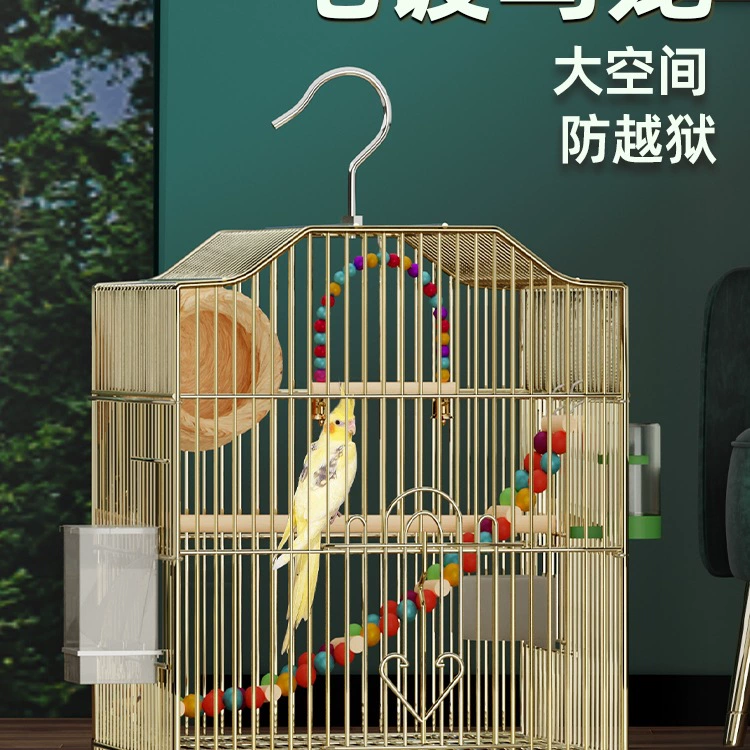 Bird Cage Parrot Cage New Large Tiger Skin Embroidered Eyes Peony Black Phoenix Myna Full Set Villa Iron Parrot Cage Silk Flower