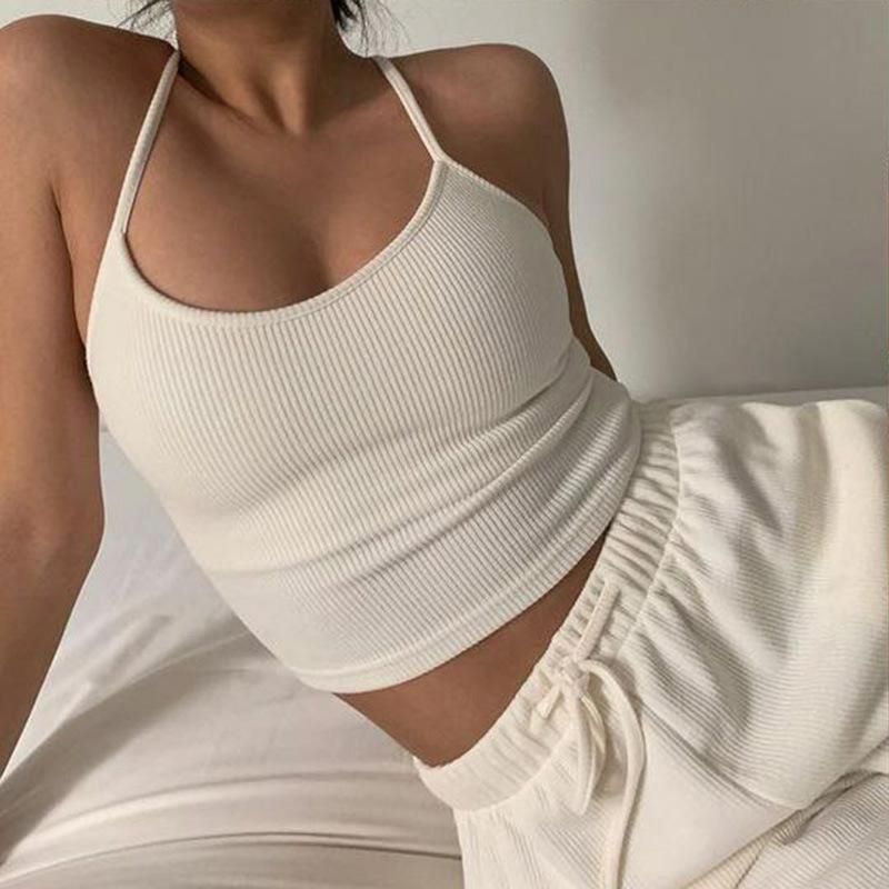 ins Europe and America pure color simple backless sexy cross strap vest women's summer slimming short top bottom shirt