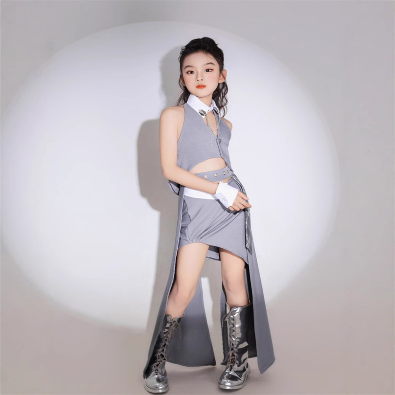 Girls Grey Suit Hanging Neck Dress Queen Cool Handsome Wind White T-stage Show Suit Model Competition Suit PK Niche Creative 9