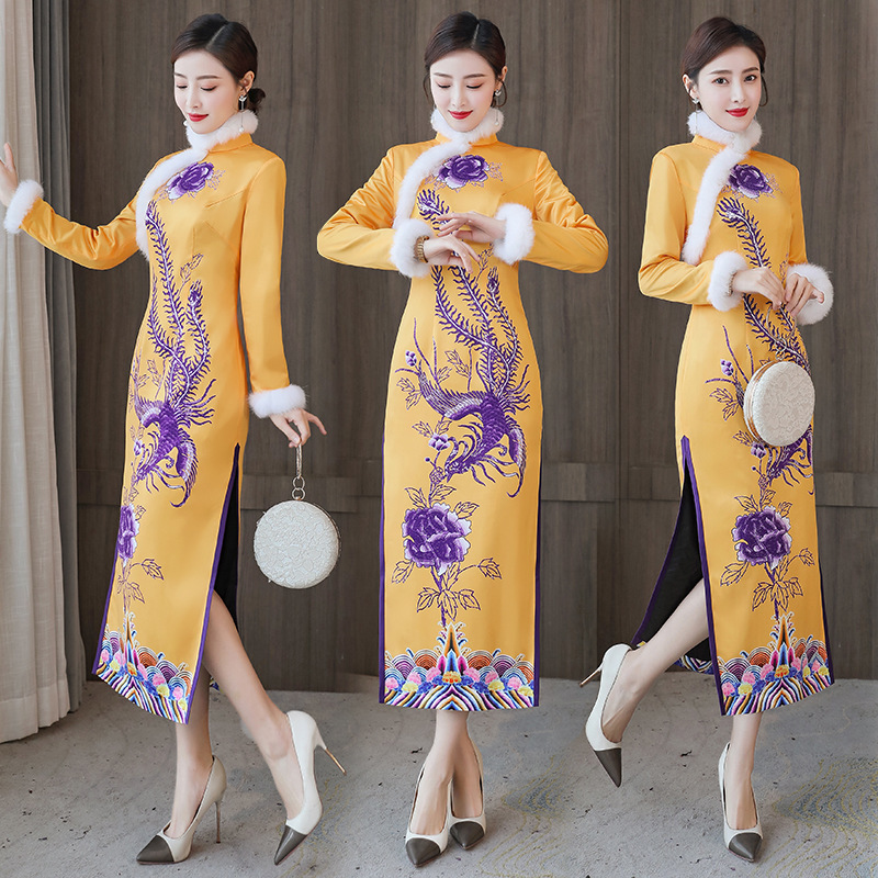 Thfs9207 Chinese Style Retro Printed Thickeneded Cheongsam 2025 Winter New Improved Fur Quilted Dress