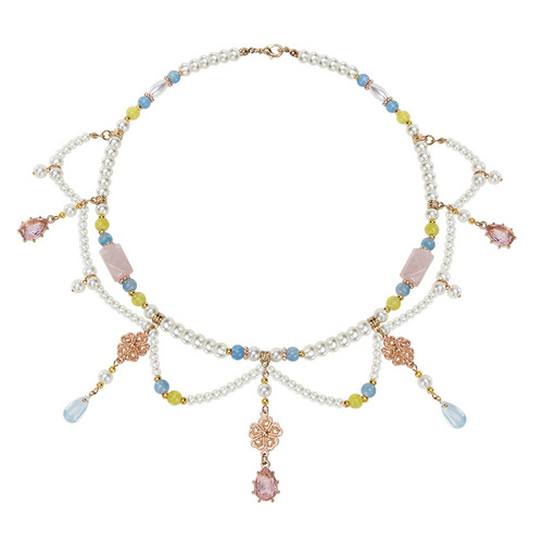 Ancient style soft pink crystal necklace, women's Hanfu accessories, glass pendant, Ming-made cheongsam, sweet jewelry 35GF214