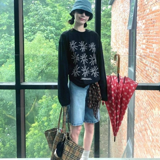 黑色美式潮牌秋季纯棉长袖T恤女款印花大码宽松显瘦百搭打底上衣