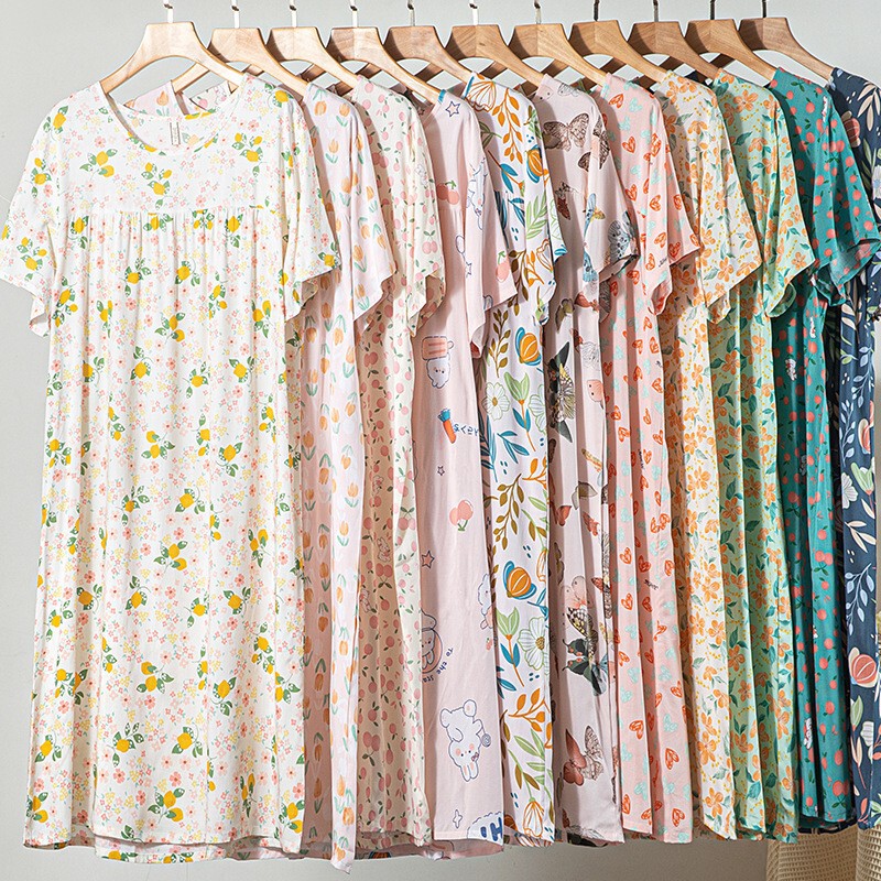 Cotton Silk Nightgown Women's Summer Thin Short-Sleeved Pajamas Sweet Loose Artificial Cotton Large Size Dress Spring & Fall Home Clothes