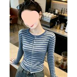 温柔风设计感秋季长袖条纹单排扣漂亮圆领针织开衫女装上衣潮