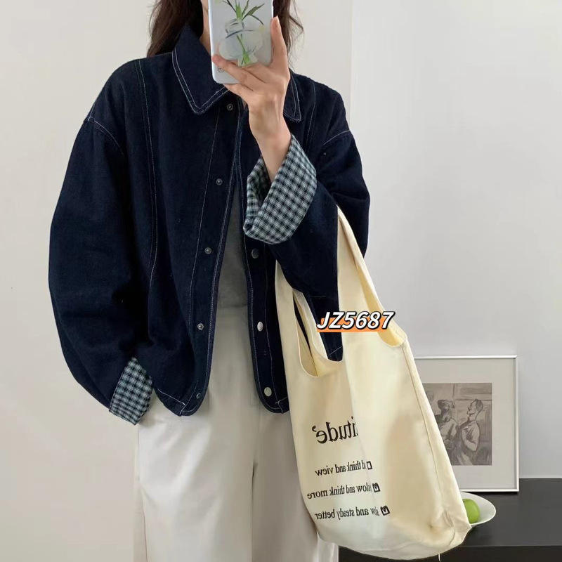 Denim Short Jacket 2025 Autum New Style Retro Plaid Splicing Cuffs Single-Breasted Top Women's Jacket 5687