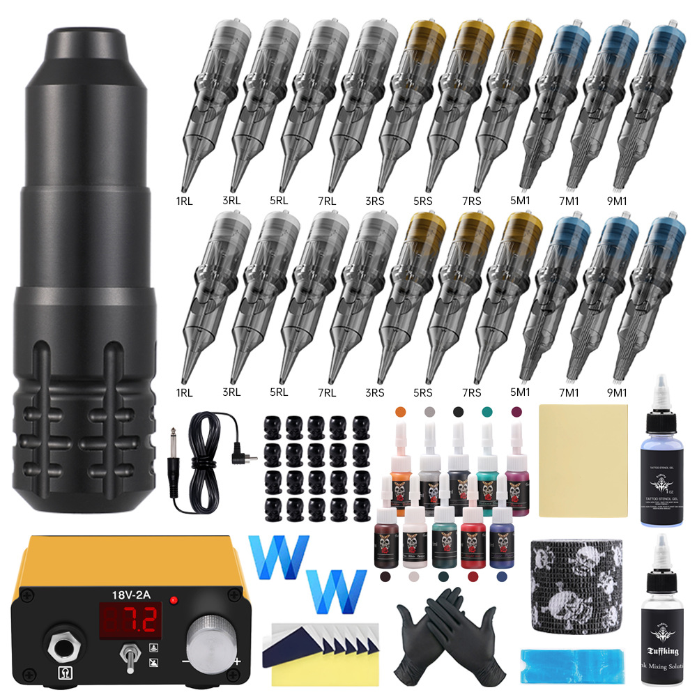 Conjunto de tatuajes transfronterizos sin pedal de alimentación manual 20 color máquina de tatuajes de tinta conjunto completo de herramientas consumibles