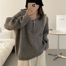 俄罗斯跨境秋冬新款拉链套头毛衣女立领宽松慵懒风保暖外穿针织衫