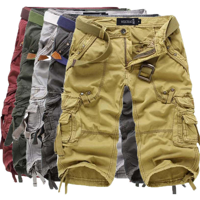 Men's Multi-Pocket Casual Cargo 7/8 Pants Independent Stand Solid Color Mid-Length Loose Plus-Size Casual Pants 5820