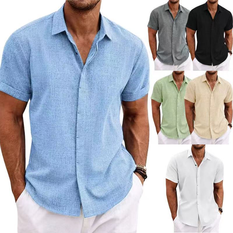 Men's Linen Short-sleeved T-shirt Loose T-shirt Solid Color Short-sleeved Cotton Linen Shirt Men's Beach plus size Men's Short-sleeved Shirt