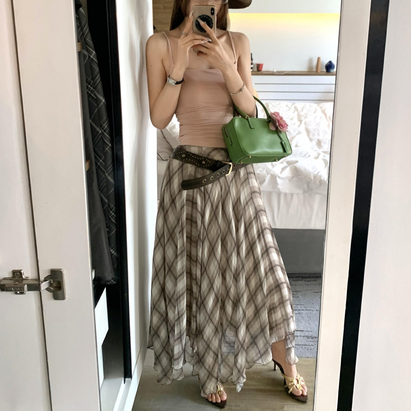 MD Irregular Cut Elegant Retro Plaid Skirt Women's 25 Summer Large Skirt Dipper Vacation Long Dress