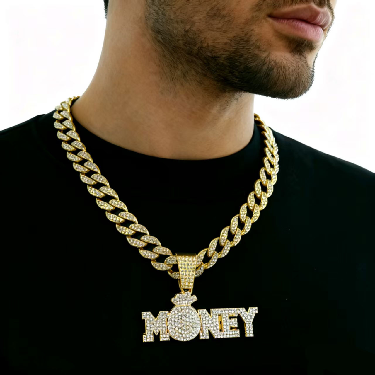Letras hip hop transfronterizas MONEY colgante de aleación de diamantes de moda europea y americana collar de personalidad de cadena cubana fabricantes al por mayor image 10