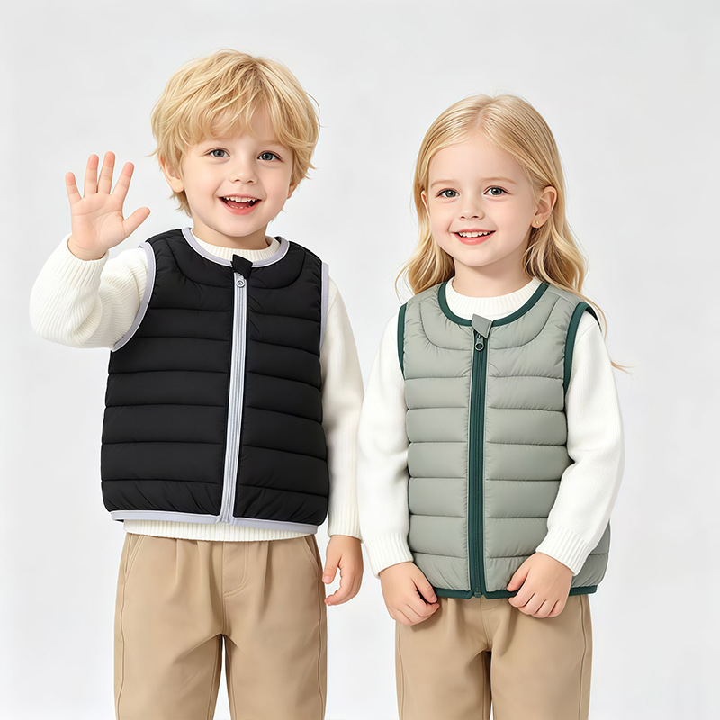 New children's color-blocked zippered cotton vest, children's clothing, round-neck, lightweight, suitable for young and middle-aged children, vest with inner lining, cotton jacket, foreign trade