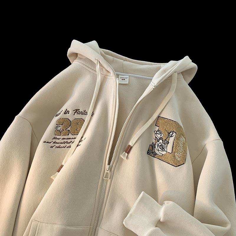 Albaricoque letras toalla bordado cardigan suéter hombres con capucha primavera y otoño americano retro moda abrigo pareja top