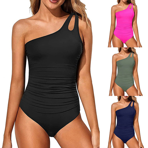 Amazon 2025 New European and American Solid-Color Bikini Conservative One-Piece Swimsuit Women's Off-Shoulder Hollow-Out Hot Spring Swimwear