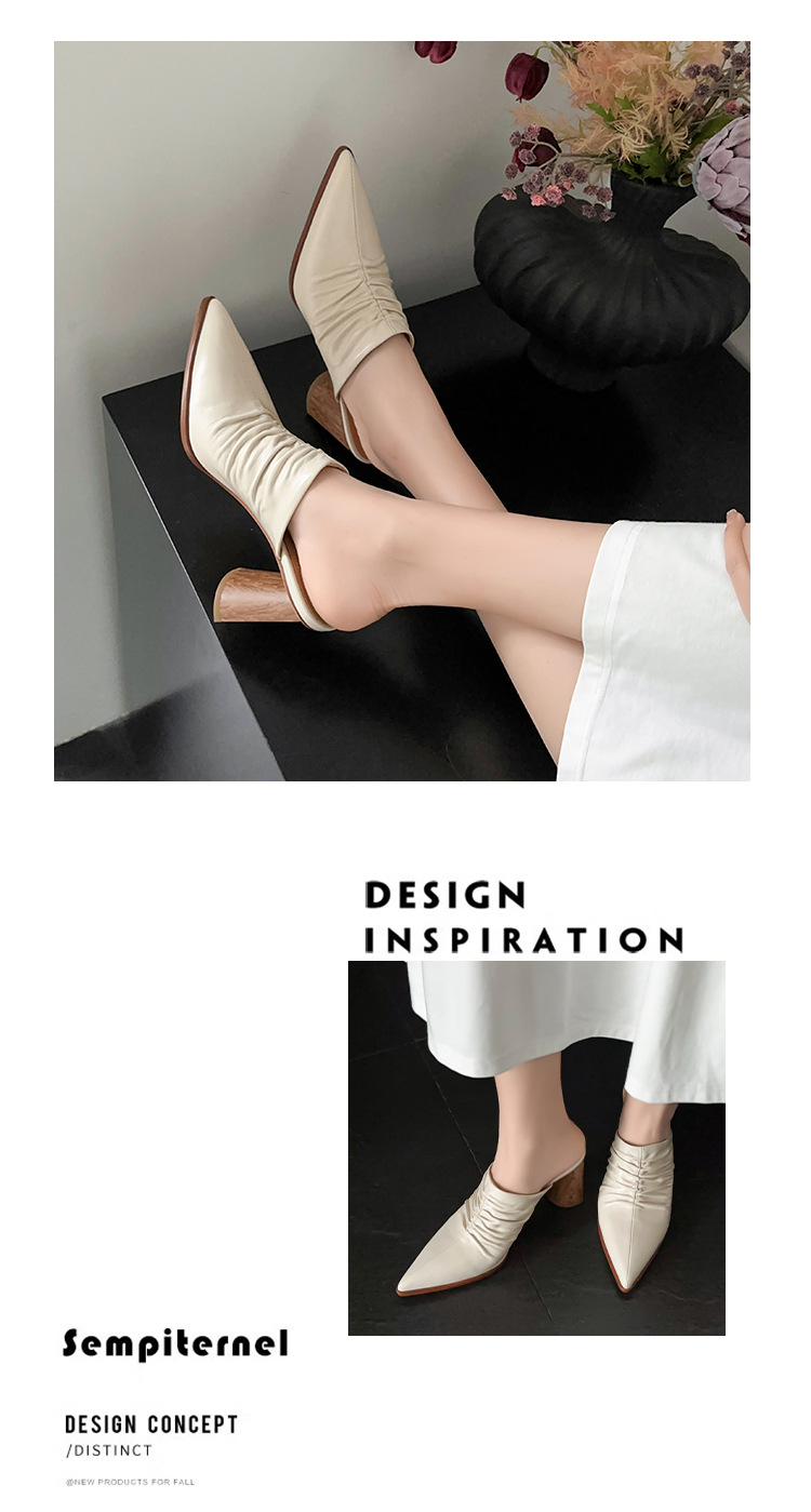 Dép mule nữ mũi nhọn gót thô da thật thiết kế cao gót — Màu be chi tiết 11