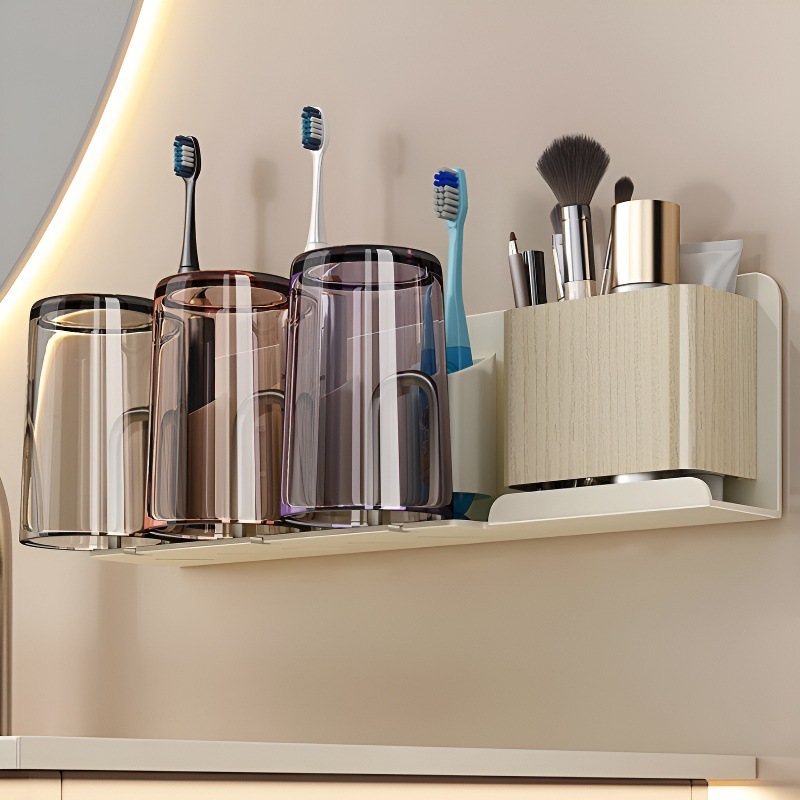 Estante de cepillo de dientes con patrón de madera sin agujeros en la pared de taza de enjuague de baño de taza de dientes doméstica de cepillo de dientes eléctrico de cepillo de dientes
