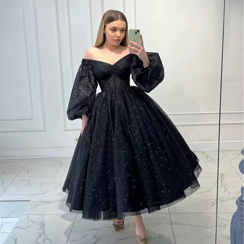Black Glitter Tulle Prom Dresses Off the Shoulder A-Line Evening Party Gowns Tea-Length Prom Dress Event Princess