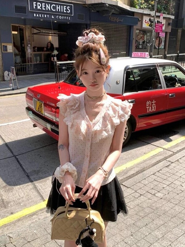 Korean-Style Lace Trim Youthful Tops, New Summer Sweet Style V-Neck Trendy Shirts