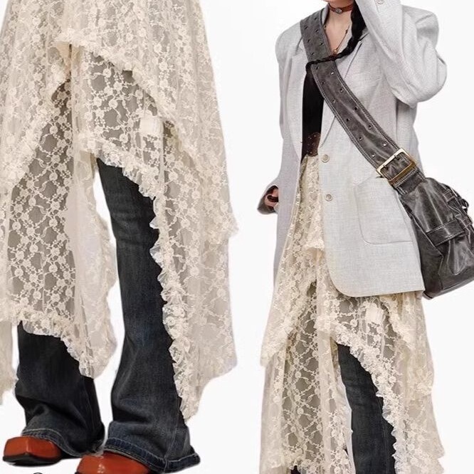Versatile Vintage Irregular Mesh Skirt, Long Skirt with a Bohemian Vibe, Slightly Sheer, New Style with a Draping Effect, Lace Vacation Wear Versatile Vintage Irregular Mesh Skirt, Long Skirt with a Bohemian Vibe, Slightly Sheer, New Style with a Draping Effect, Lace Vacation Wear
