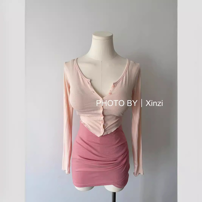 in stock! Hot Sale Super recommend Figure Curved Hem Tight Waist Cardigan Simple Spring and Summer New Solid Color Outer