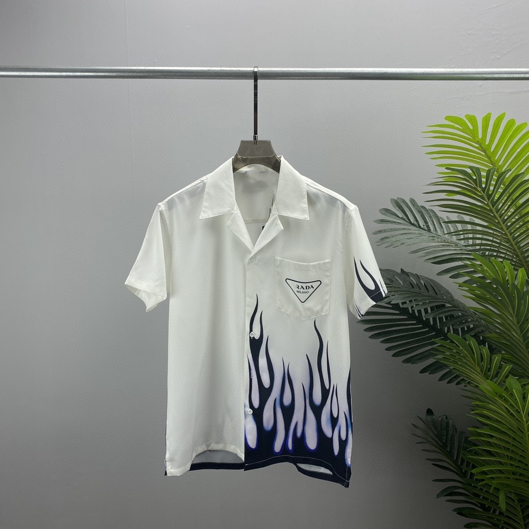 thumbnail for 2022 spring and summer new chest pocket letter flame print men's casual short-sleeved shirt men's and women's same style loose