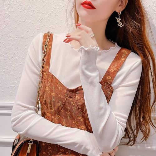 Mesh base shirt women's autumn long-sleeved Western-style thin transparent gauze inner layer short lace top with ruffled edges