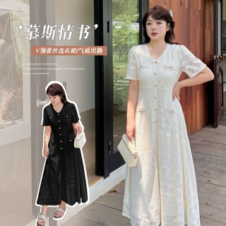 A0106轩辰大码女装 胖MM圆领蕾丝名媛风优雅感纯色长款连衣裙-BFD