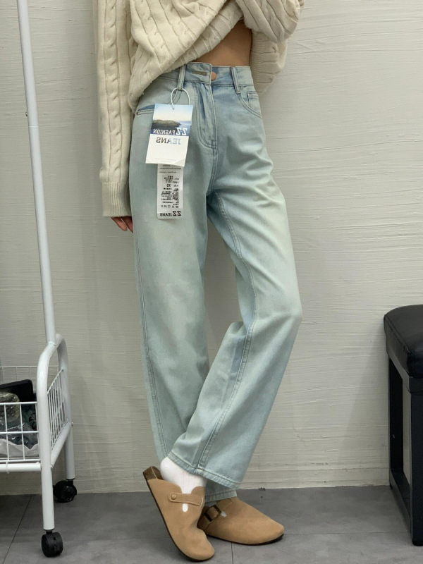 莱赛尔浅蓝色直筒牛仔裤女2025夏秋季小个子高腰显瘦窄版阔腿裤子|undefined
